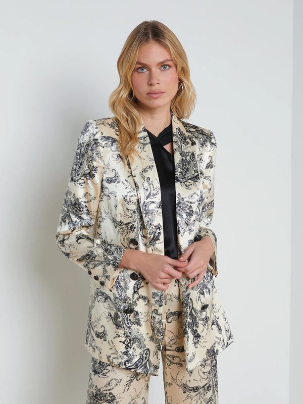 L’AGENCE JAYDA DOUBLE BREASTED SILK BLAZER IN SKETCH PAISLEY