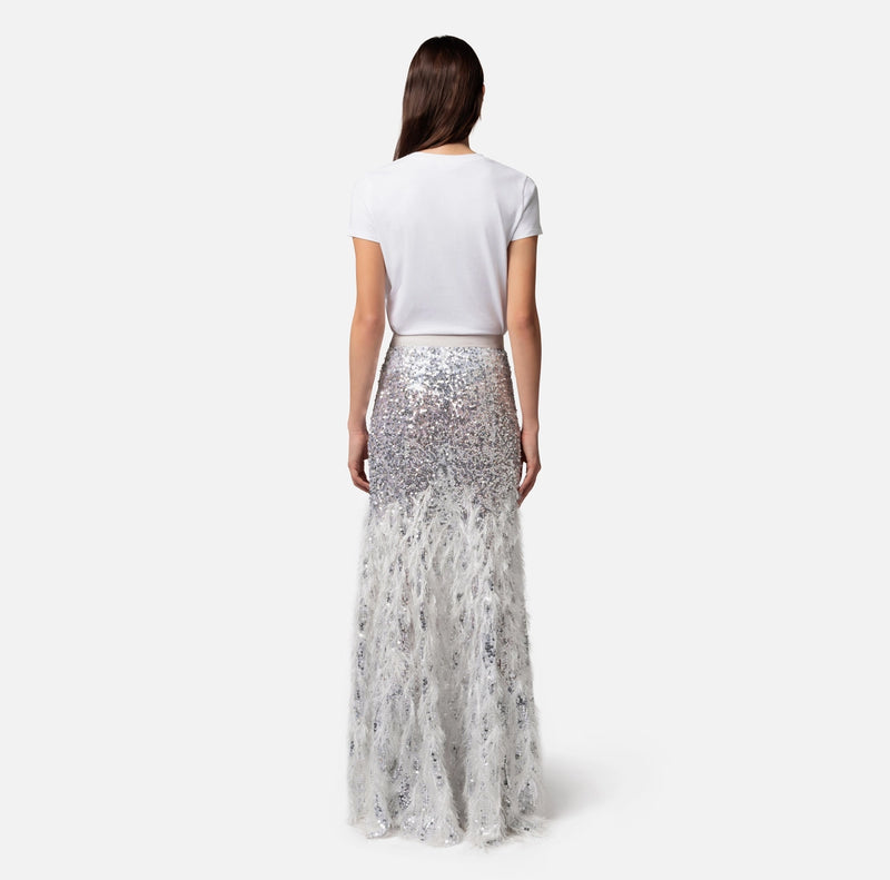 ELISABETTA FRANCHI EMBROIDERED LONG SKIRT IN TULLE FABRIC
