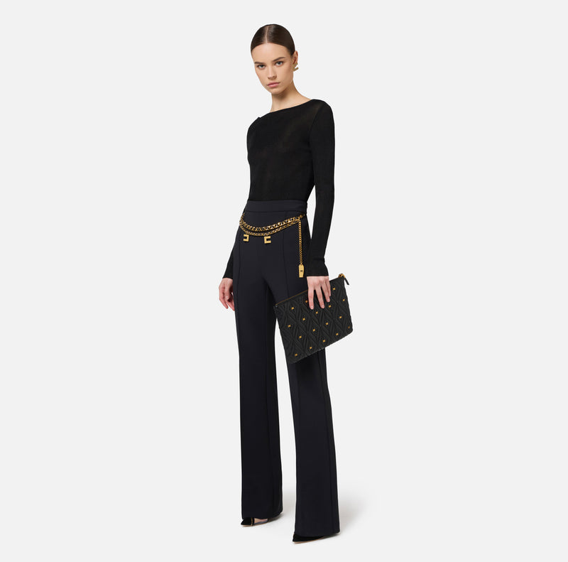 ELISABETTA FRANCHI PALAZZO STRETCH TROUSER WITH CHAIN BELT