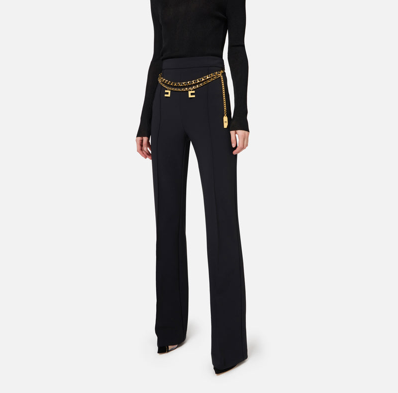 ELISABETTA FRANCHI PALAZZO STRETCH TROUSER WITH CHAIN BELT