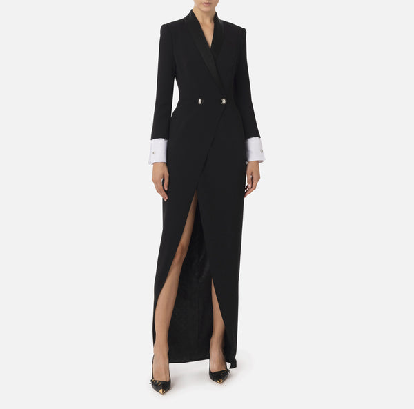 ELISABETTA FRANCHI RED CARPET CREPE DRESS WITH SATIN LAPELS