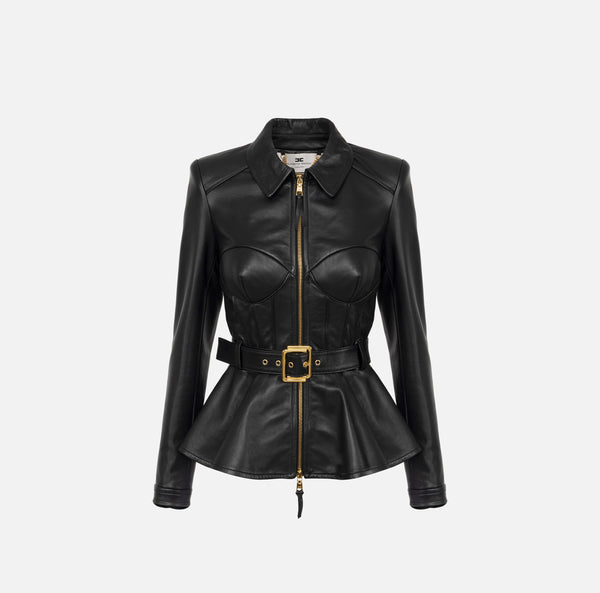 ELISABETTA FRANCHI LEATHER JACKET WITH PEPLUM