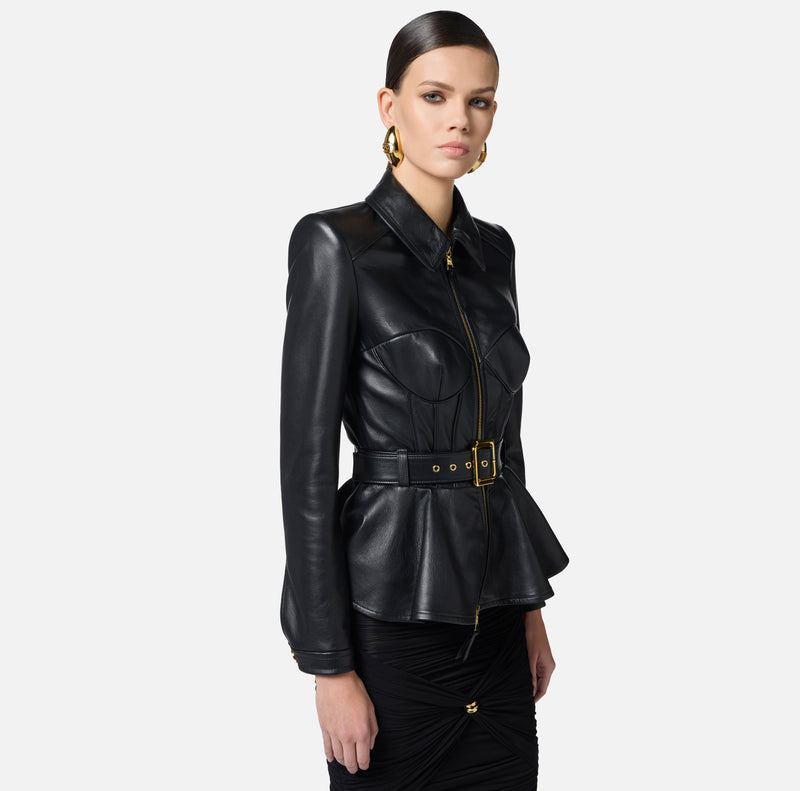 ELISABETTA FRANCHI LEATHER JACKET WITH PEPLUM