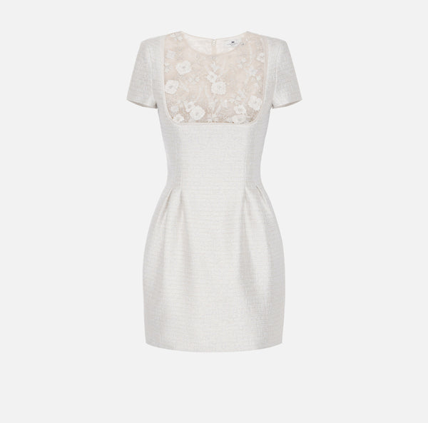 ELISABETTA FRANCHI LAME TWEED DRESS WITH FLORAL EMBROIDERIES