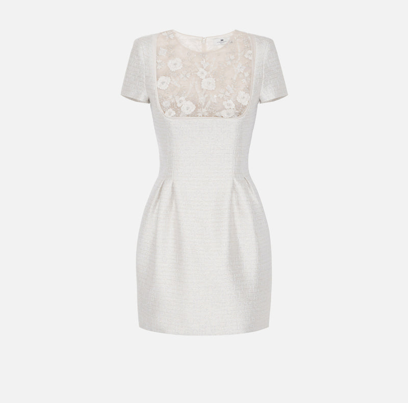ELISABETTA FRANCHI LAME TWEED DRESS WITH FLORAL EMBROIDERIES