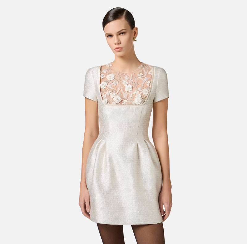 ELISABETTA FRANCHI LAME TWEED DRESS WITH FLORAL EMBROIDERIES