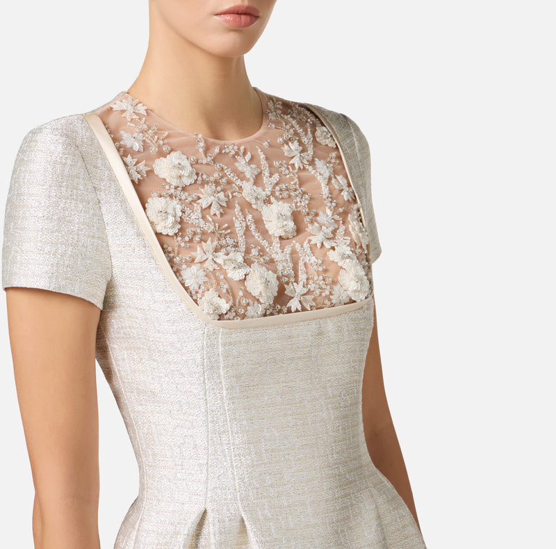 ELISABETTA FRANCHI LAME TWEED DRESS WITH FLORAL EMBROIDERIES