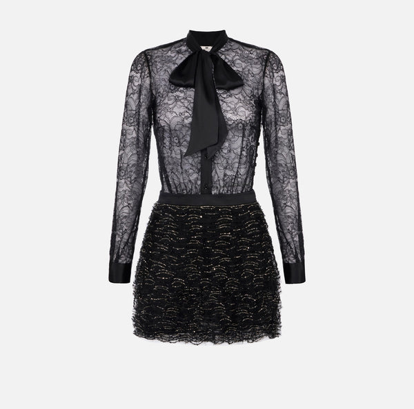 ELISABETTA FRANCHI DRESS IN LACE AND TULLE WITH CRYSTALS