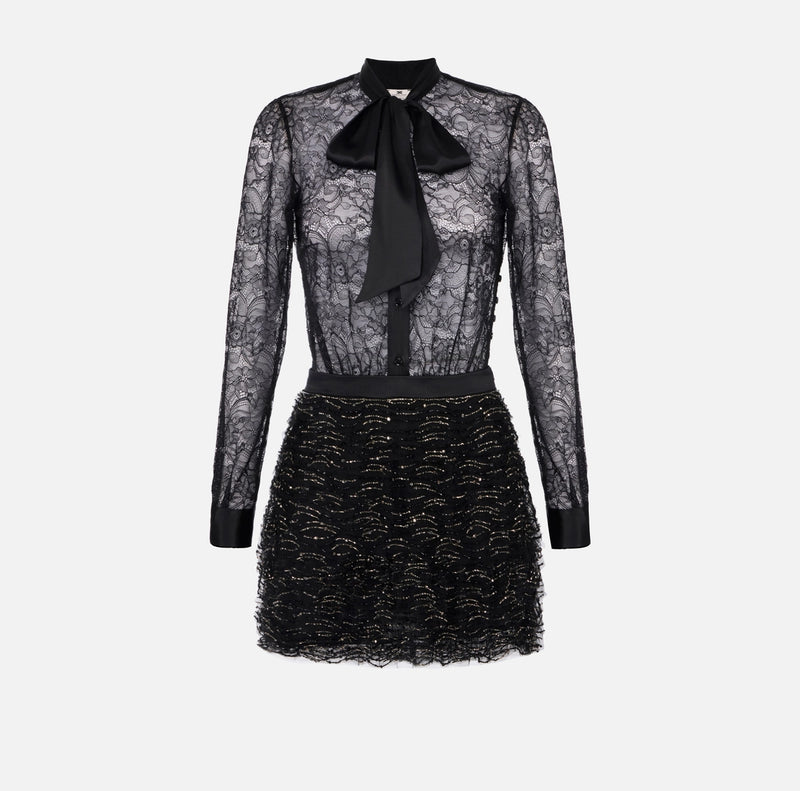 ELISABETTA FRANCHI DRESS IN LACE AND TULLE WITH CRYSTALS