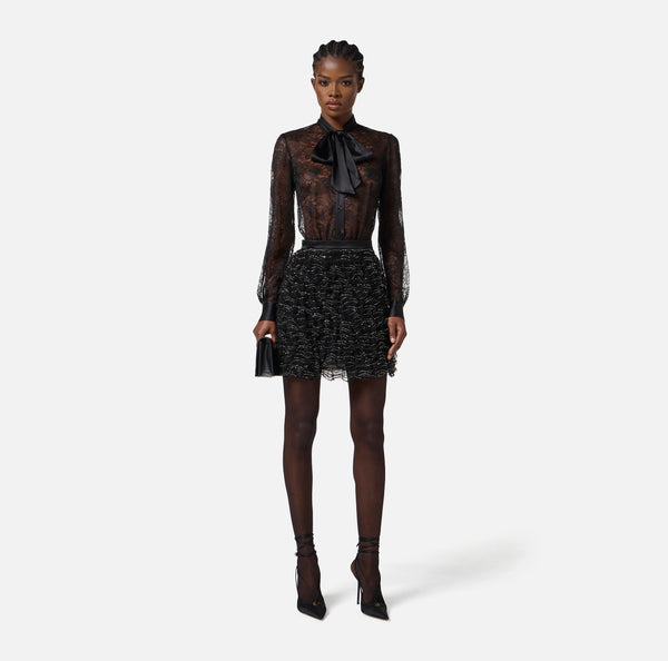 ELISABETTA FRANCHI DRESS IN LACE AND TULLE WITH CRYSTALS